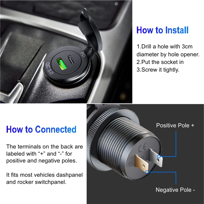 Cargador integrado de coche, USB Dual, carga rápida, puerto 3,0 y toma de salida PD, adaptador de carga rápida para accesorios de coche de 12/24V