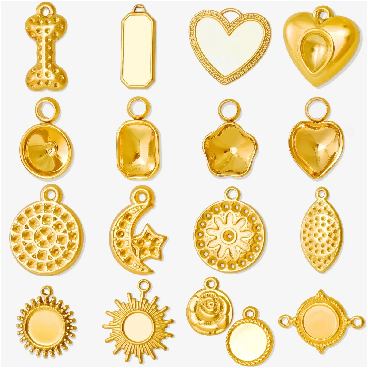 7pcs Stainless Steel New Gold Plated Charms Jewelry Peach Heart Bone Sun/Moon/Star Stone Rhinestone Pendants Diy Supplies Making