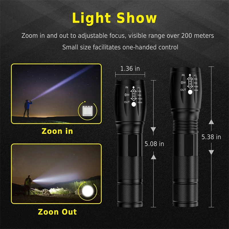 T6 LED Flashlight USB Rechargeable Portable 10000 Lumens 3 Modes Waterproof Zoomable Tactical Flashlight Outdoor Hiking Camping