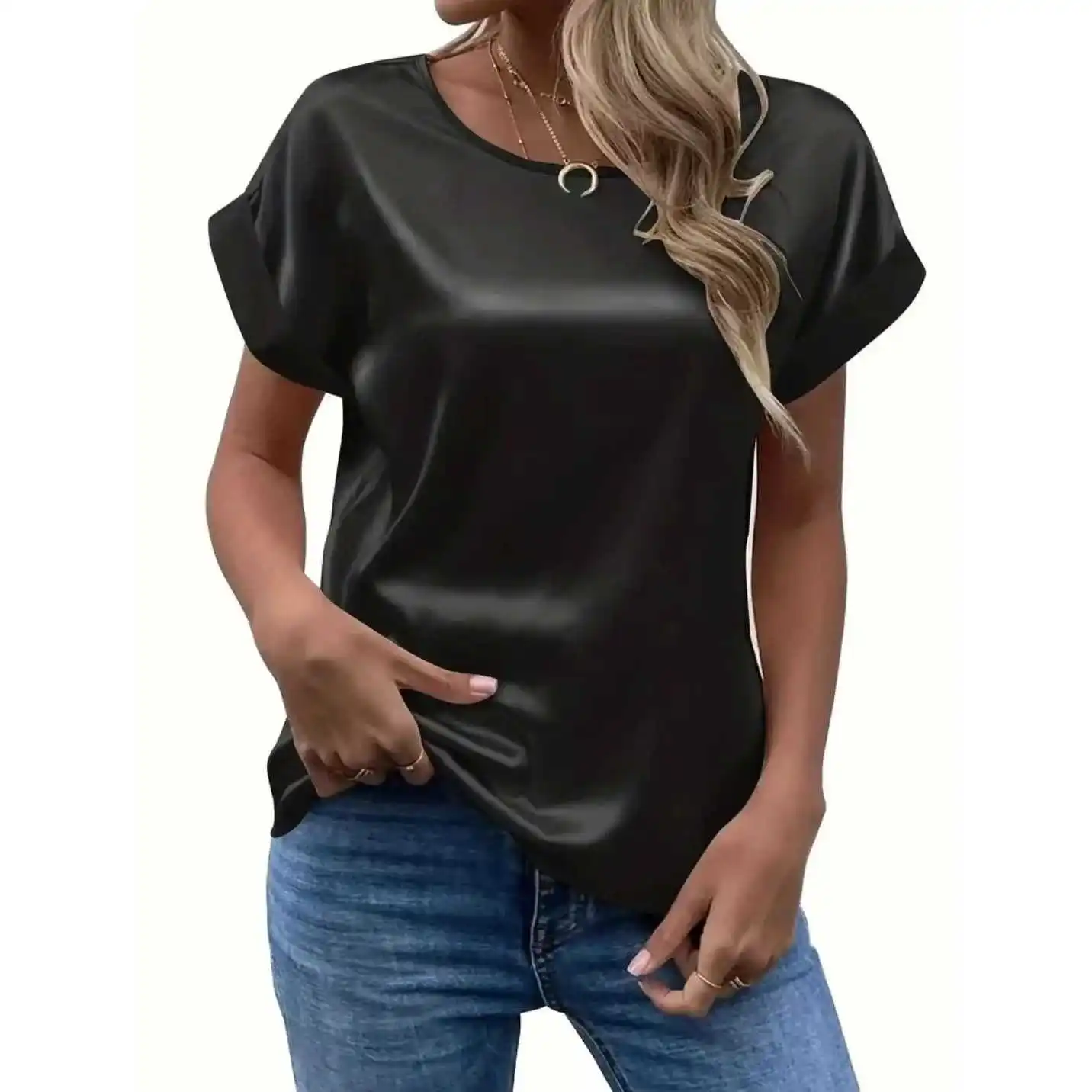 

Women's Summer Sle Satin Blouse Casual Batwing Sve Cleanfit Polyester ort Sve Thin Non-deformable Faion irt