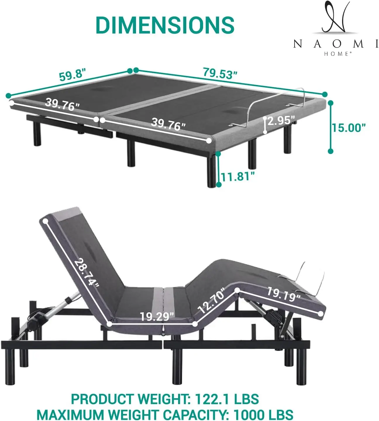 Naomi Home Idealbase Queen Adjustable Bed Frame with Lumbar Support & Head Tilt, Foot Incline, Back & Leg Massage, USB Ports, Ma