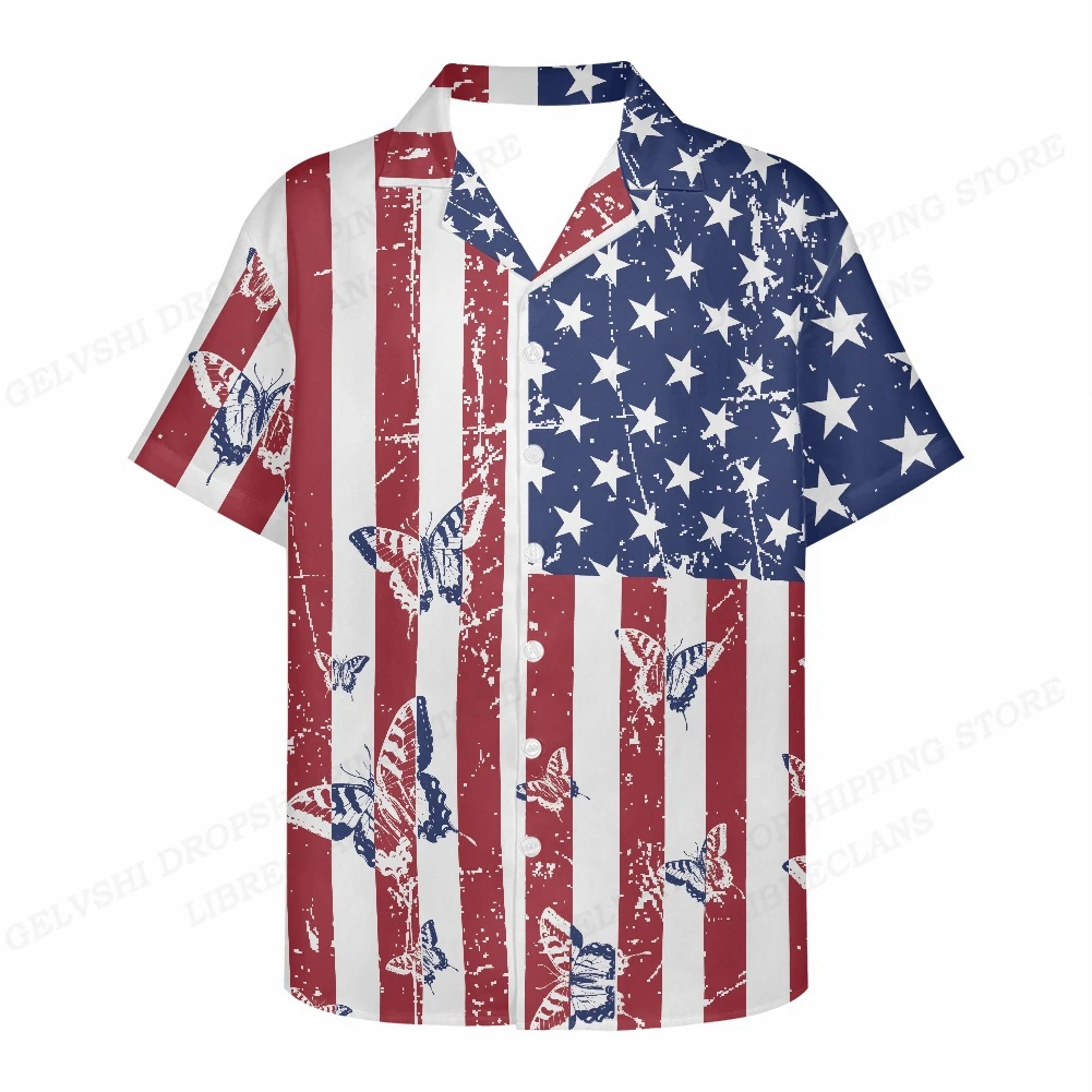 American Flag Printed Men's Shirts Fashion Hawaiian Cuban Neck Shirt Leisure Beach Eagle Shirt Retro Lapel Collar Men's Clothing