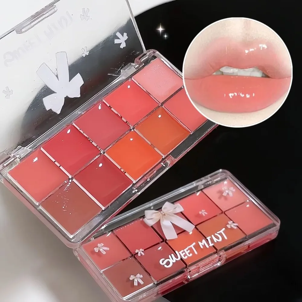 Placa de gelatina, 10 colores, labio rojo, naranja, bálsamo de aceite de labios regordete Sexy, paleta de maquillaje de vidrio de agua hidratante, brillo de labios de cristal espejo
