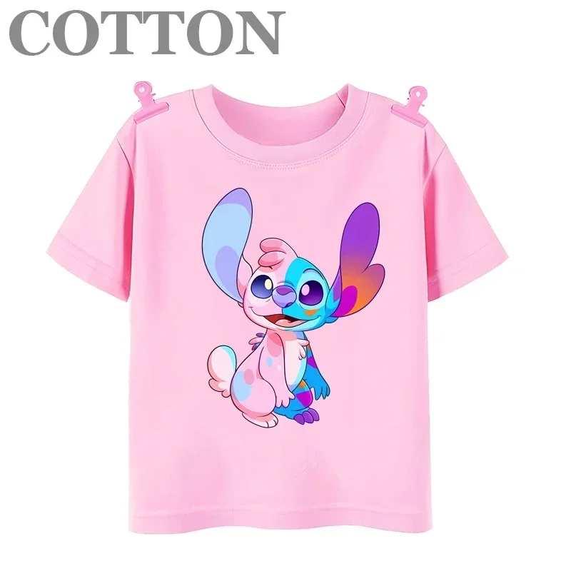 Disney Anime Cute Stitch Angel Fashion Child Cotton T-shirt Summer Boys Girls Round Neck Short Sleeve Fashion Kid Baby Clothes