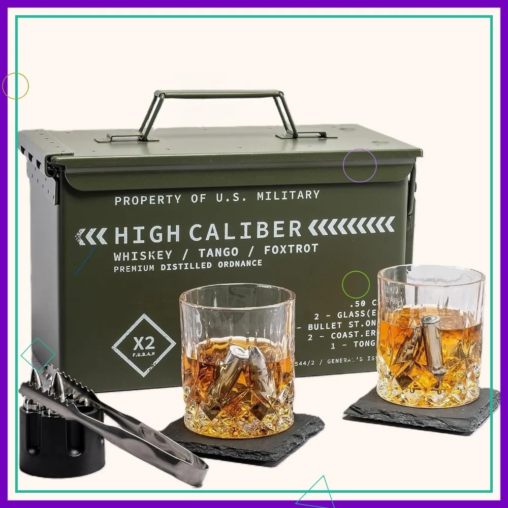

Tactical Whiskey Glasses Set with Stones, Coasters & Tongs in Military Box - Perfect Gift for Men