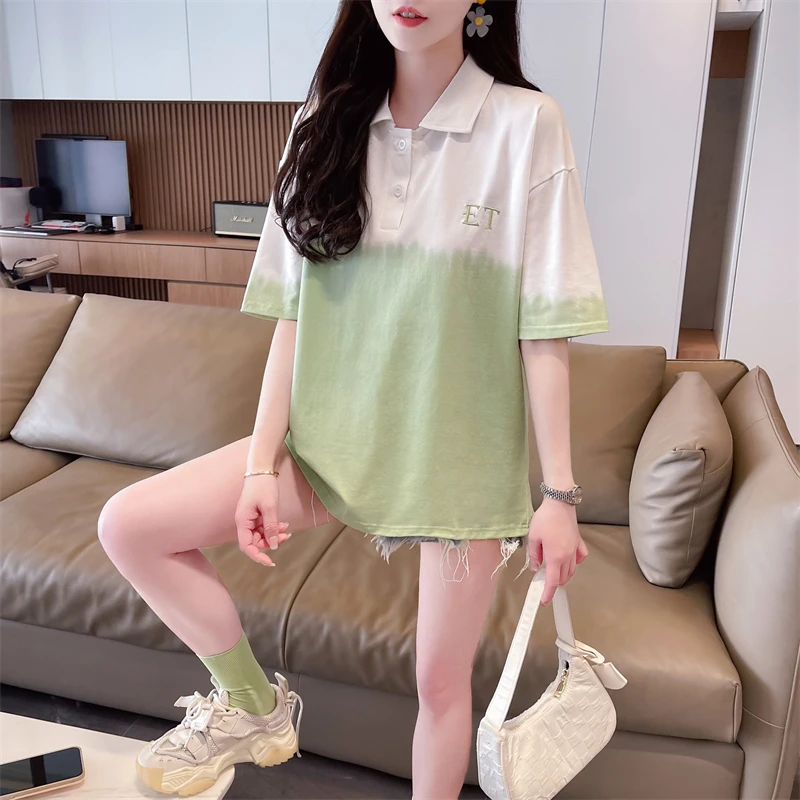 Summer New Mid length Mid sleeved Versatile POLO Collar Gradient Printed Short sleeved T-shirt for Women