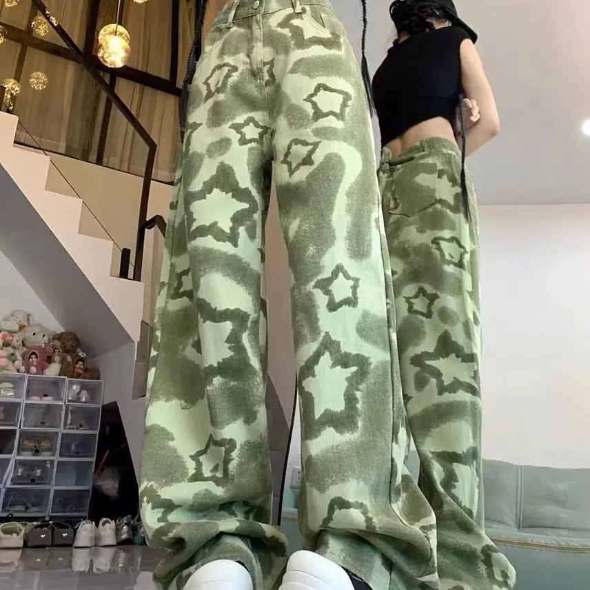 

Retro Green Camouflage Workwear Pants Spring And Autumn New High-Waisted Trendy Brand High Street Design Niche Straight Loose