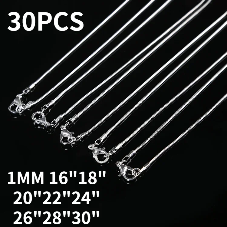 

30pcs/Lot Hot Trend 925 Silver Fine 1mm Snake Chains Necklaces For Women Men Fashion Party Wedding Jewelry Set Gifts