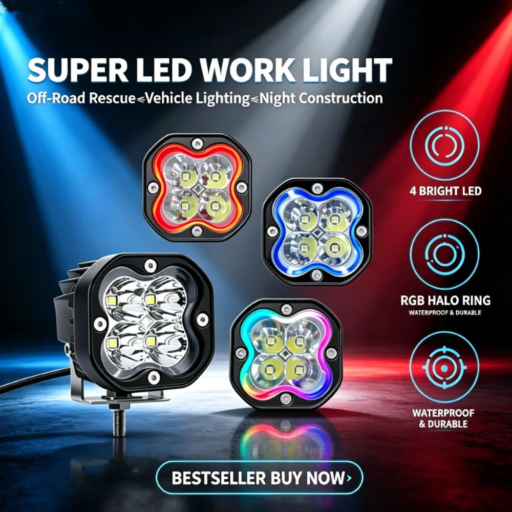 Quadratische 3-Zoll-RGB-Farbscheinwerfer LED-Arbeitsscheinwerfer Spotlights für Jeep, Auto, LKW, 4x4, Offroad, ATV, Motorrad, Nebelscheinwerfer