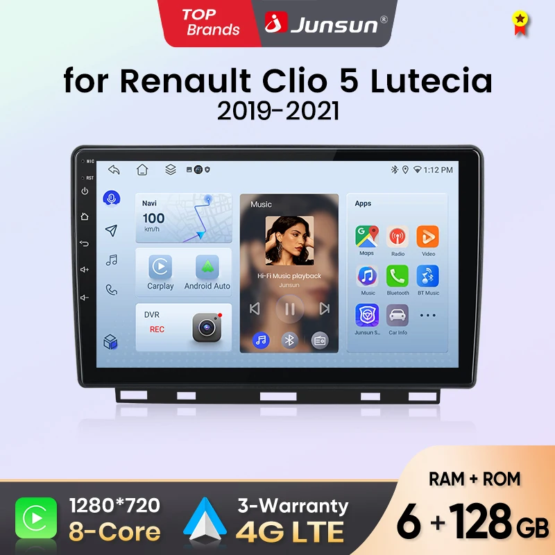 Autoradio Junsun pour Renault Clio 5 Lutecia 2019 2020 2021 CarPlay Android Auto FM RDS DSP BT GPS Navi SWC Écran tactile HD IPS Plug & Play Lecteur multimédia Appel mains libres Unité centrale style voiture d'origine