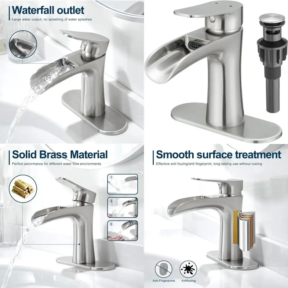 

Modern Brushed Nickel Single Handle Bathroom Faucet with Deck and Pop-Up Drain for 1 or 3 Hole Sinks