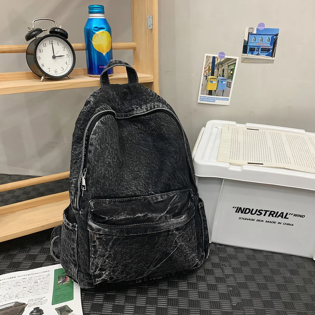 Backpack for Women Men Multi-pocket Shoulder Bag Denim Solid Retro Rucksack Daypack Travel Gym Bag