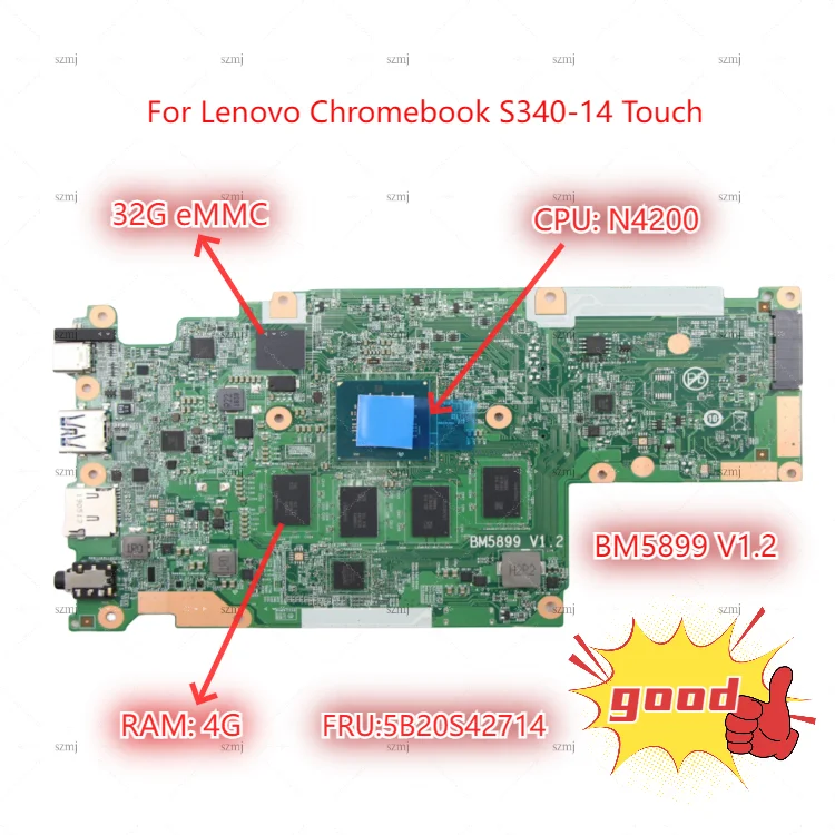 Lot For Lenovo Chromebook S340-14 laptop motherboard BM5899 V1.2 with CPU:N4000+RAM:4G+32G eMMC 100% test work FRU:5B20S42714