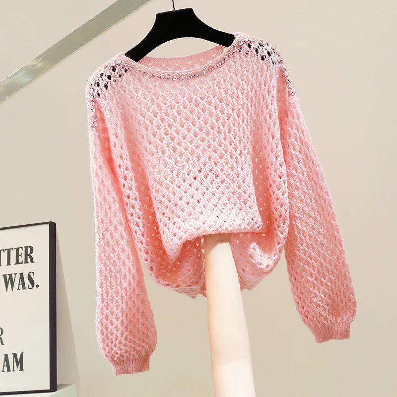 

Faionable Heavy Beaded Sexy Hollow out Lazy Sle Sweater Design Slimming Loose Top Versatile round Ne Knitwear