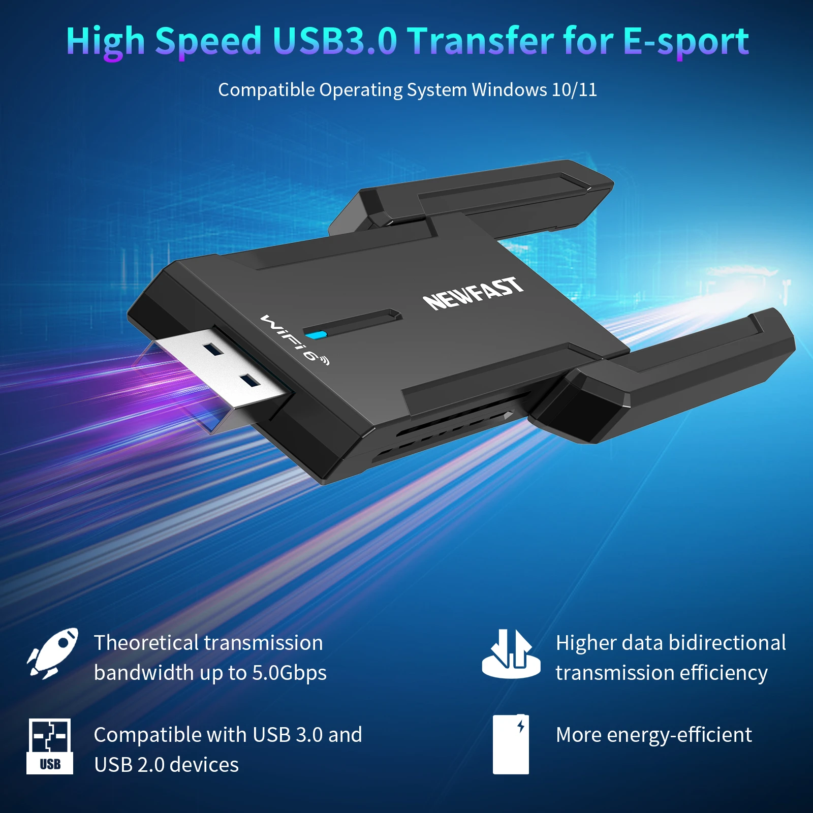 NEWFAST AX5400 WiFi6 USB Adapter 2.4/5.8/6Ghz Gigabit WiFi Antena USB3.0 Gaming Wireless Network Card For PC Win10/11 NF-U353