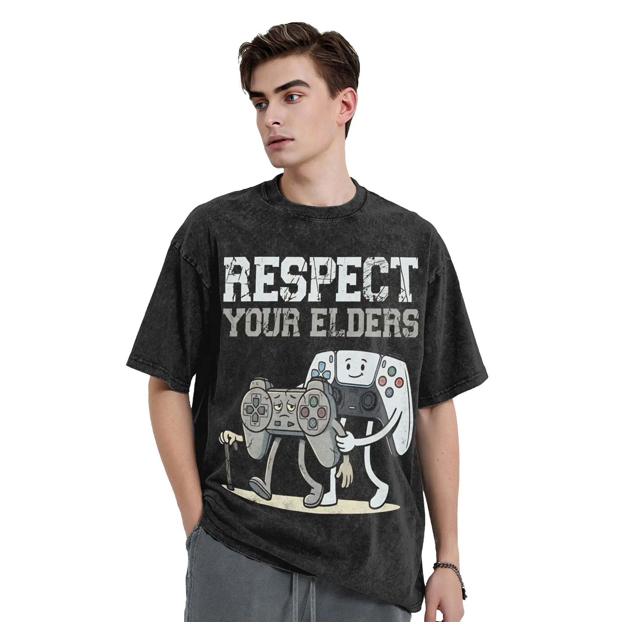 Respect Your Elders  Vintage Washed T Shirt Men's Cotton Clothes Vintage  O-neck Short Sleeve