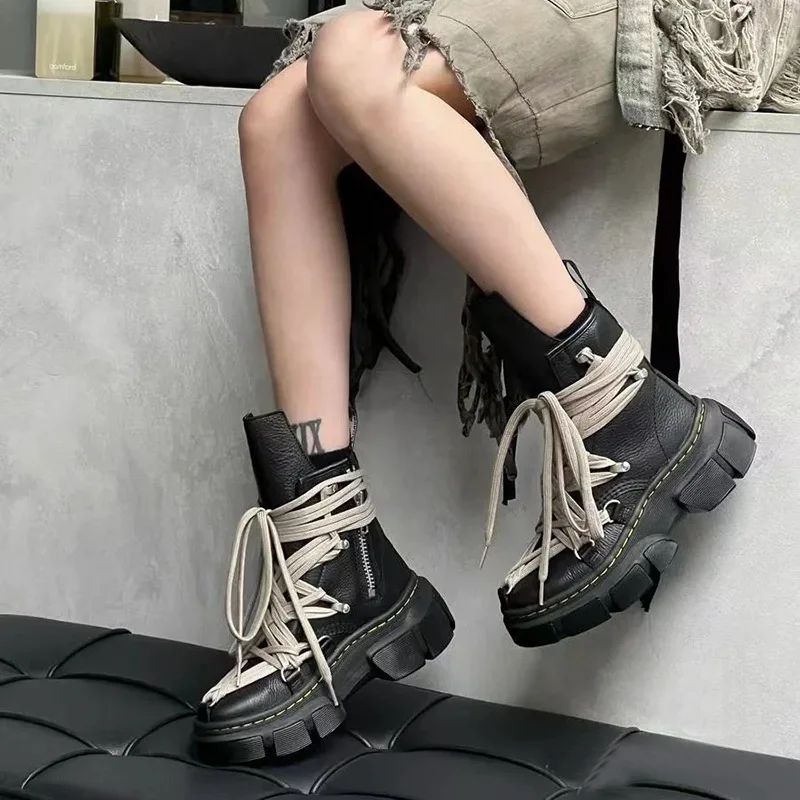 2024 New Desert Punk Style Women Shoes British Style Many Lace-up Casual Boots Wasteland Style Thick Bottom Street Shot Knight