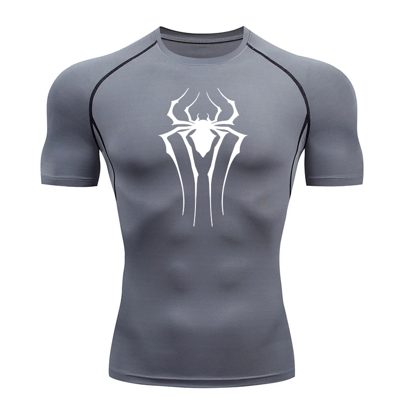 Kompressionsshirts mit Spinnen-Aufdruck für Herren, Sommer, kurzärmelig, Rashguard, Fitnessstudio, Workout, T-Shirt, sportlich, schnell trocknend, Unterhemden