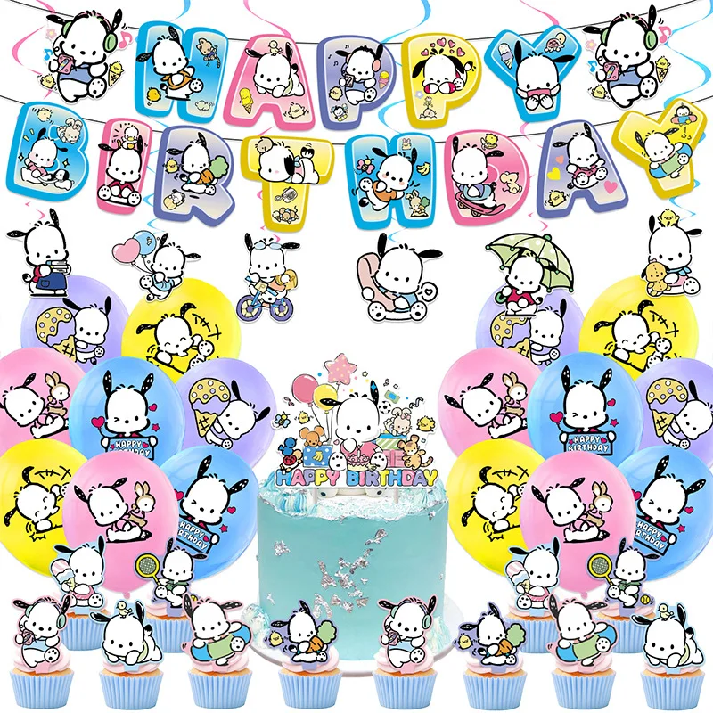 

Pochaccoed Kawaii White Puppy Girl Boy Children Birthday 12in 16Pcs Latex Ballons Party Supplies Banner Flag Cake Topper Decor