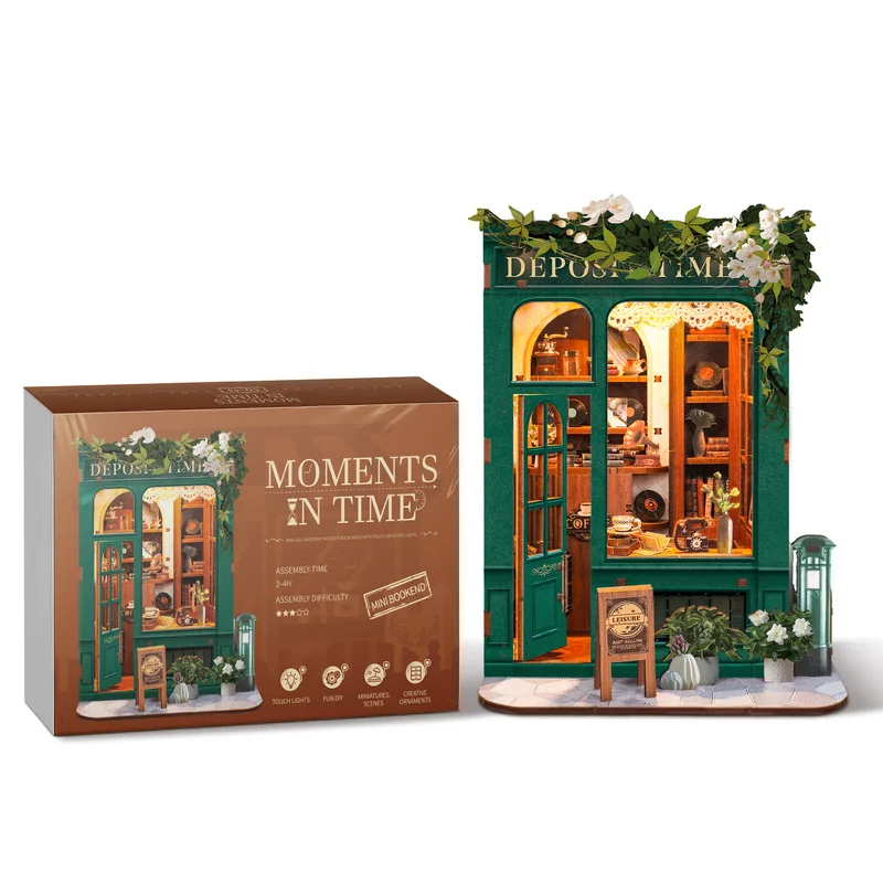 Moments In Time Dollhouse With Light Miniature Diy Bookshelf Insert Puzzle Wooden Book Nook Kit 3d Model Gifts For Kids Birthday