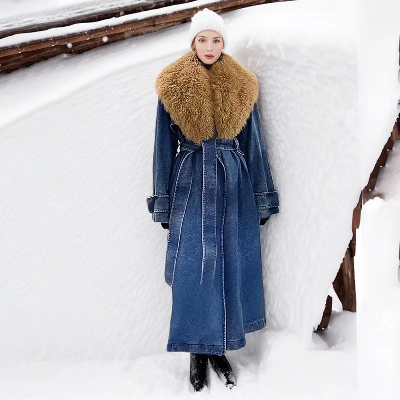 

Women Denim Trench Coat Long Jacket Windbreaker Detachable Fur Collar Lace Up Outerwear Washed High Street Autumn Winter 2025