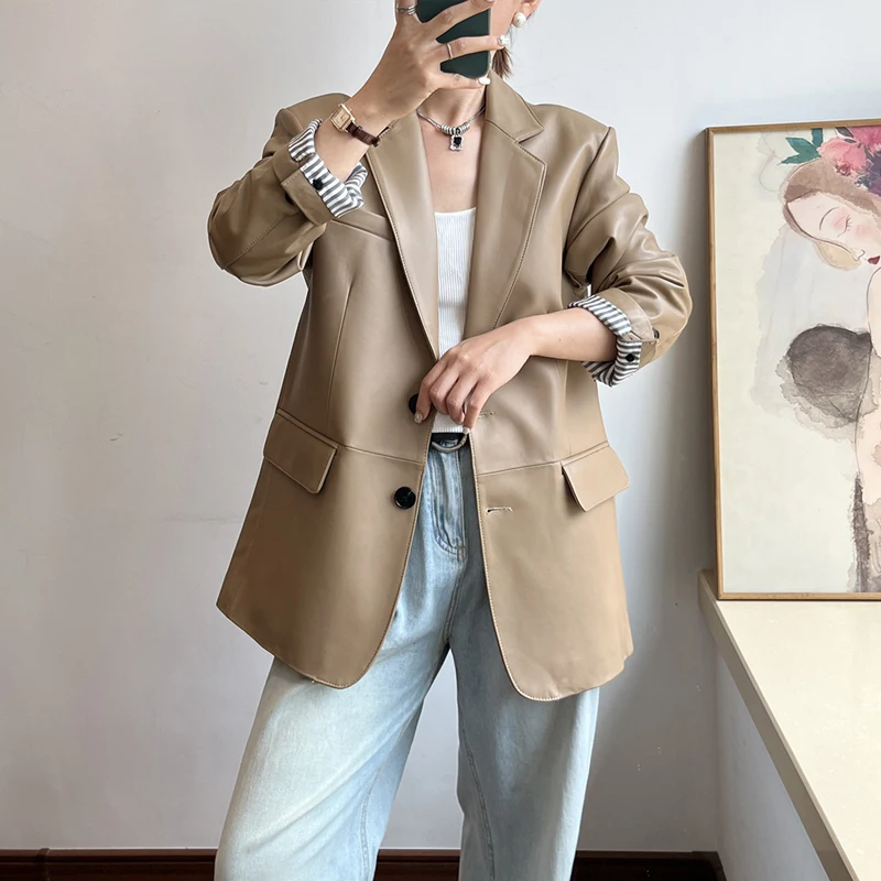 Vintage Coffee jaket kulit domba asli wanita Fashion musim gugur 2024 jaket Blazer kulit asli longgar Single-breasted untuk wanita