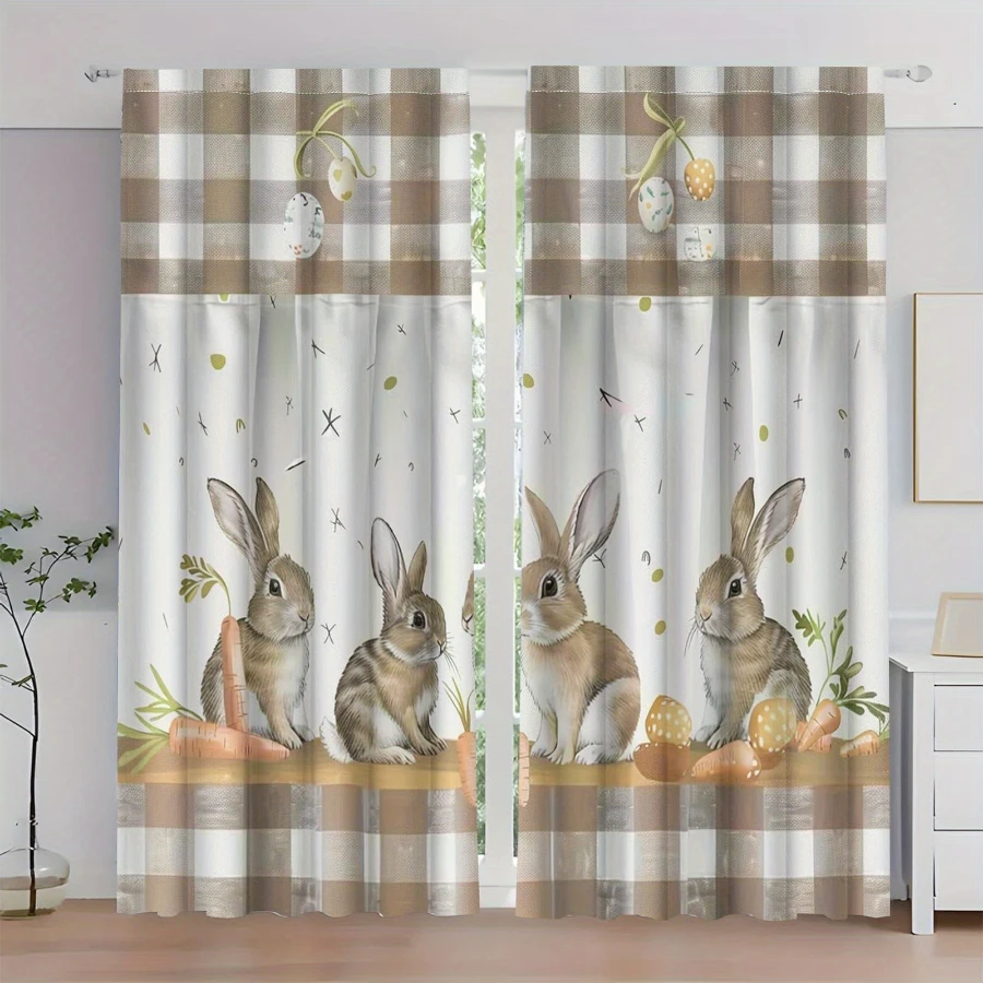 2PCS Digital Print Curtains, Brown Plaid Bunny Pattern, Preppy Cute Rabbit Decor Checkered Cozy Country Style Bedroom Drapes