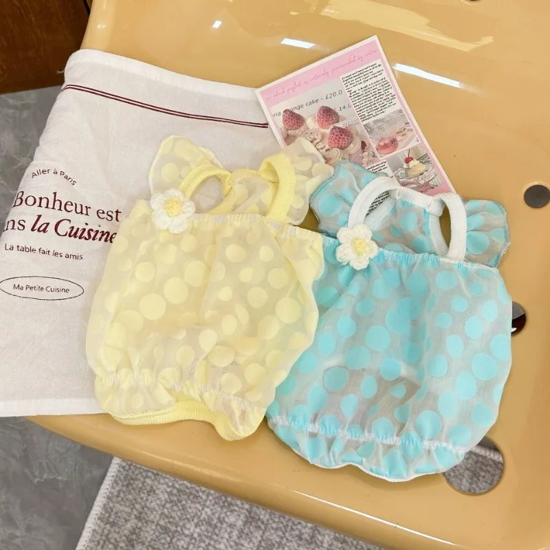 

Pet Summer Flower Dress Transparent Mesh Dress Cat Polka Dots Pleated Shoulder Strap Vest Dress Teddy Dog Clothes for Small Dog
