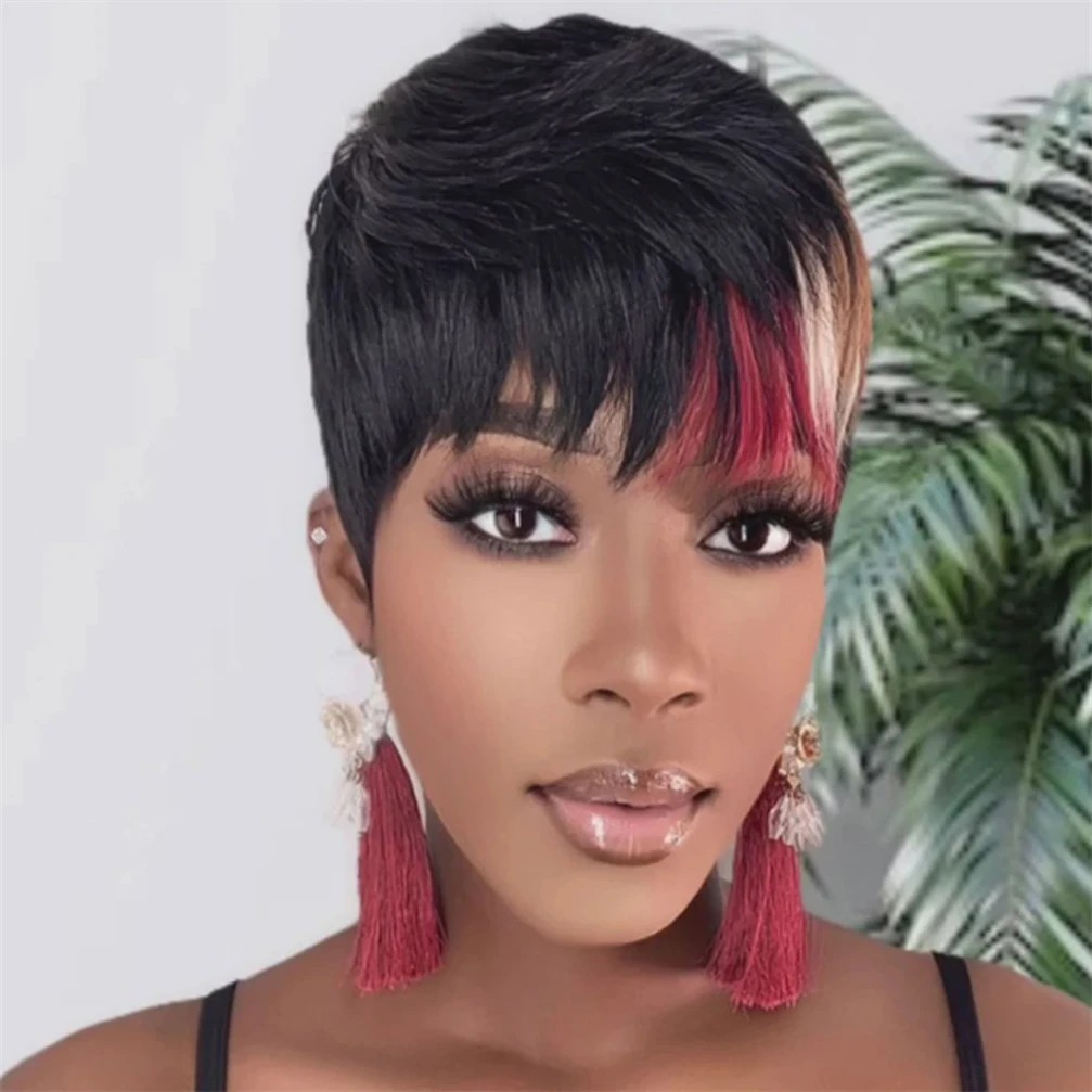 ピクシーカット ストレート人毛ウィッグ 女性用 1B/レッド/613/30 #   カラーフルマシンメイドウィッグショートレイヤードストレートウィッグ前髪付き