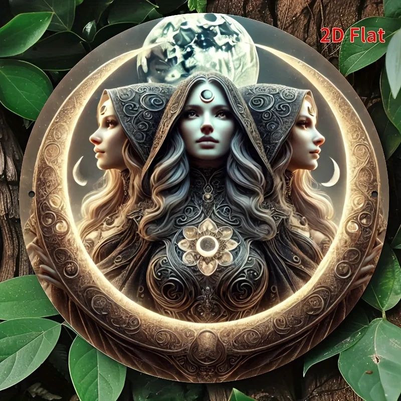 2D Celtic Triple Moon Goddess Divine Feminine Round Wooden Sign, Mystical Pagan Witchcraft Wall Art, Spiritual Wicca Lunar Decor