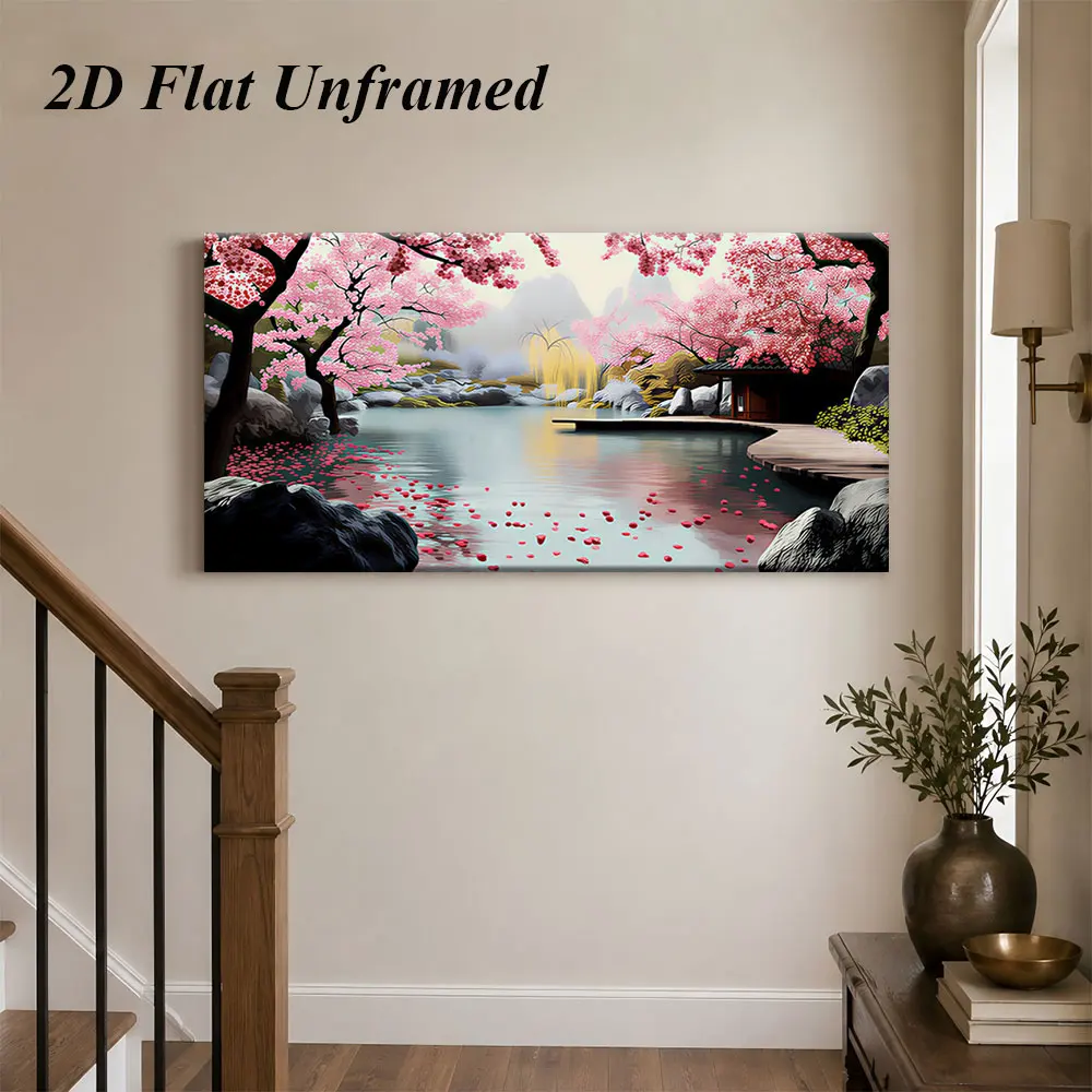(1PC Unframe)1 landscape cherry blossom decoration painting, modern and simple living room entrance frameless painting, 2D plan