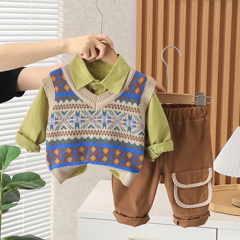 Autumn Children Clothing Sets for Baby Boys Knitted Vest Shirt Pants Infant Clothes Outfits Retro Style Toddler Kids Tracksuit