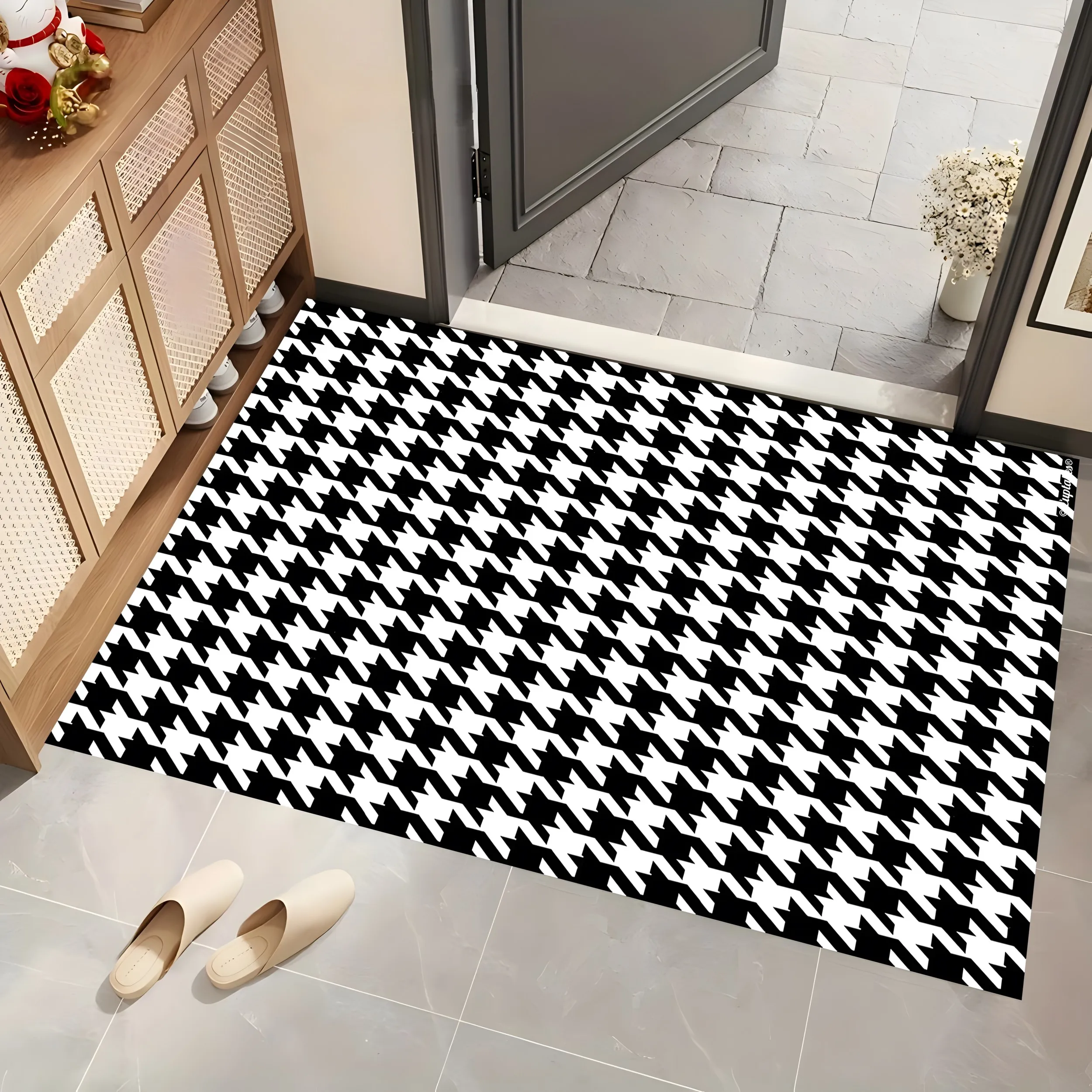 2D Carpet with Black and White Houndstooth Pattern in Classic Retro Style for Living Room and Bedroom