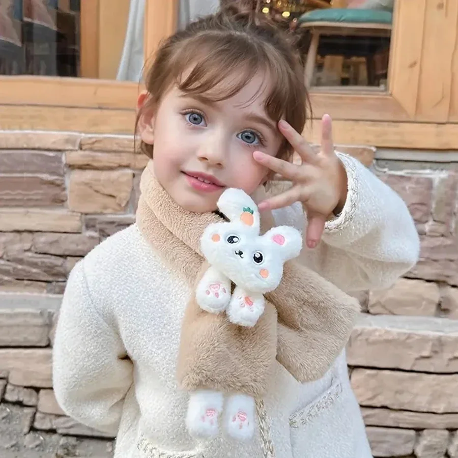 Girls Winter Warm Scarfs Thick Plush Cross Children's Scarf Baby Bib Cute Cartoon Rabbit Faux Fur Cross Neckerchief Protection