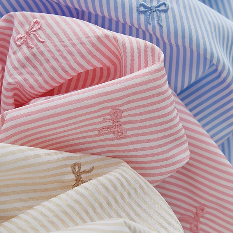 Vestido camisero de tela a rayas con bordado de lazo, ropa para niños, tela de costura artesanal, anillo para el pelo del intestino grueso, tela hecha a mano de 1x1,45 m