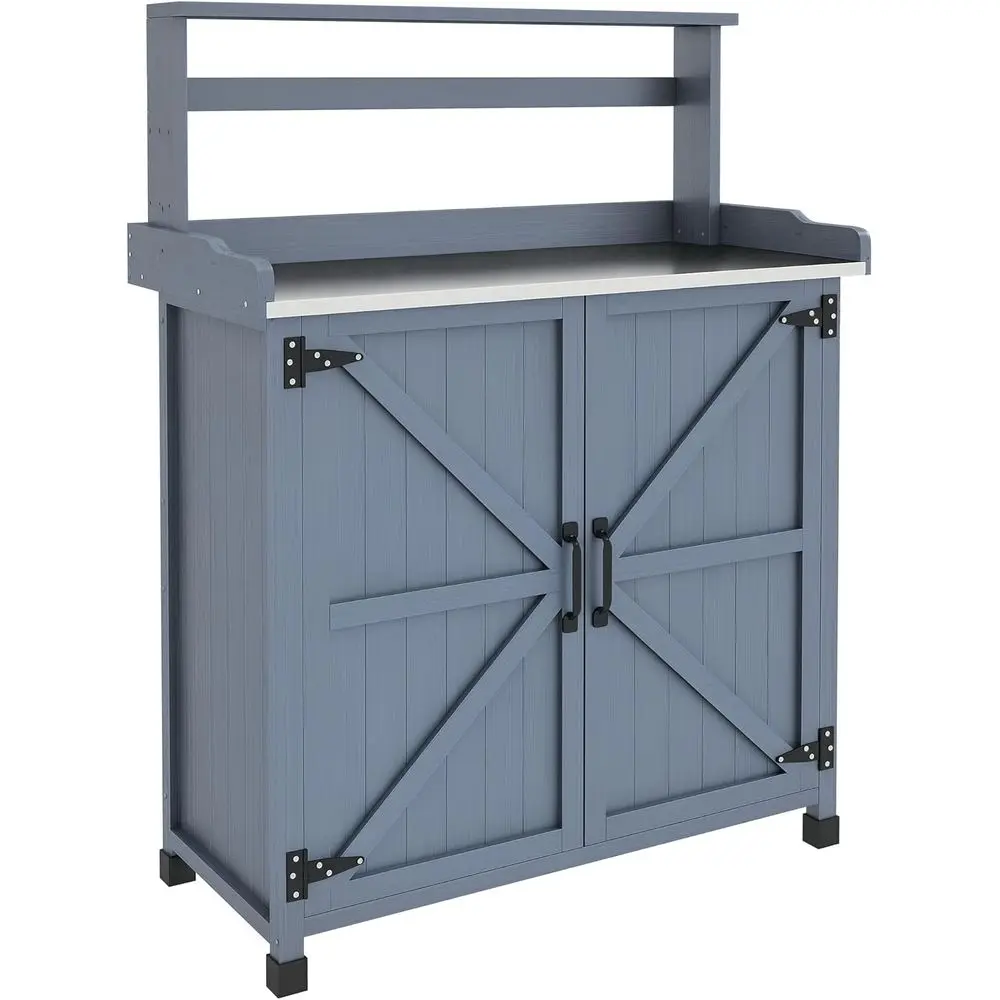 

Серая уличная деревянная верстак-тумба для растений с местом для хранения и оцинкованной столешницей для сада и балкона