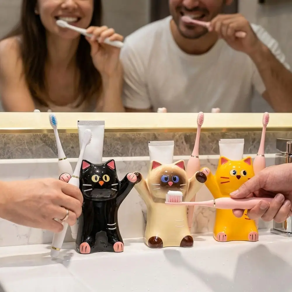 Ceramic Cat Toothbrush Holder Anti-Slip Base Aesthetic Toothpaste Storage Shelf Cartoon Animal Whimsical Toothbrush Storage Rack