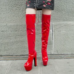 Women Platform Over The Knee Boots Sexy 17CM Super High Heels Red Patent Leather Long Boots Woman 2022 Winter Black Shoes