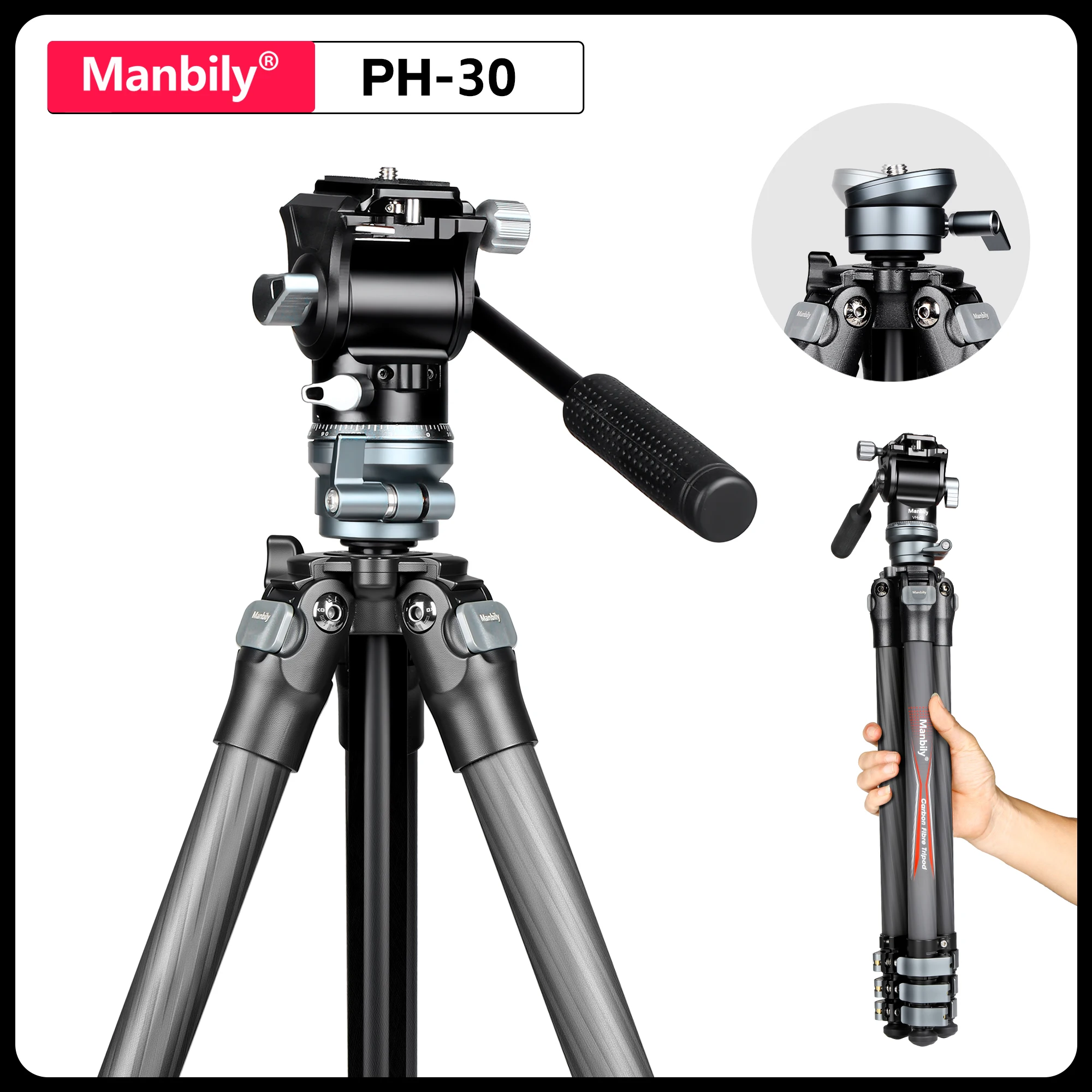Manbily 53cm Lightweight Travel Tripod Carbon Fiber Camera Tripods with Ballhead for Outdoor Max.Load 10kg/22lbs
