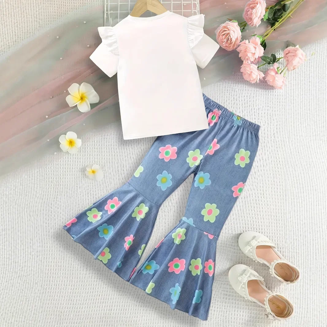 New 2025 Girls Summer Fashion Clothing Sets Baby Girls Short Sleeve Floral Print O-neck T-shirt Tops + Flared Trousers Jeans