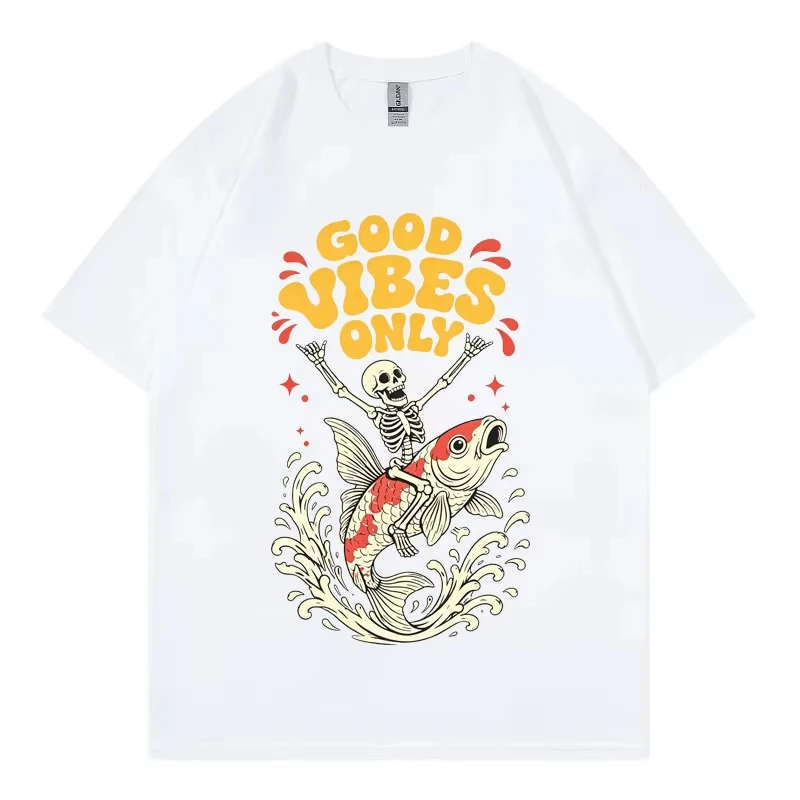 Good Vibes Only Koi Fish Funny Skeleton Graphic T Shirts Harajuku Japanese Style T-shirts Men Women Casual Fashion Loose T-shirt