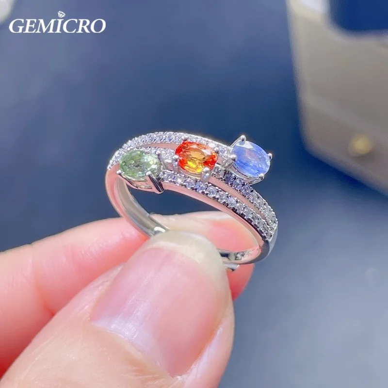 Gemicro Natural Colorful Sapphire Rings with Stones of 3X4mm and S925 Sterling Silver for Women Gifts and Birthstone Gem Jewelry