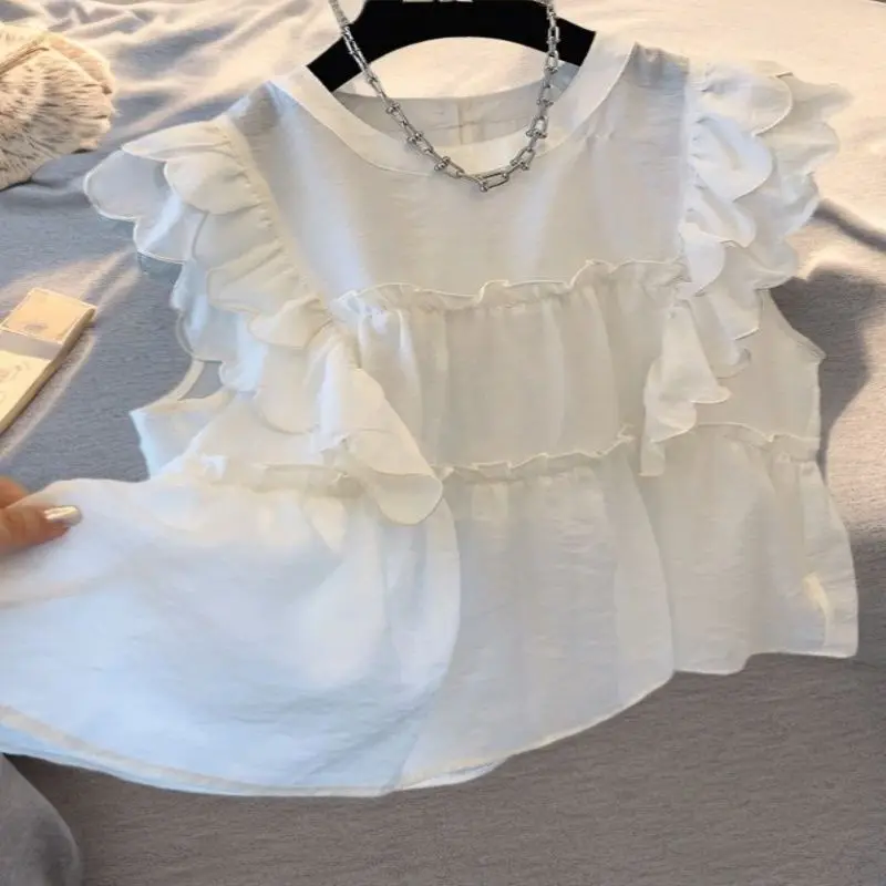 

Summer Trendy Ruffle Sweet Chic Blouses New O Neck Solid Color Straight Chiffon Flying Sleeve Loose Casual Shirts Women Clothing