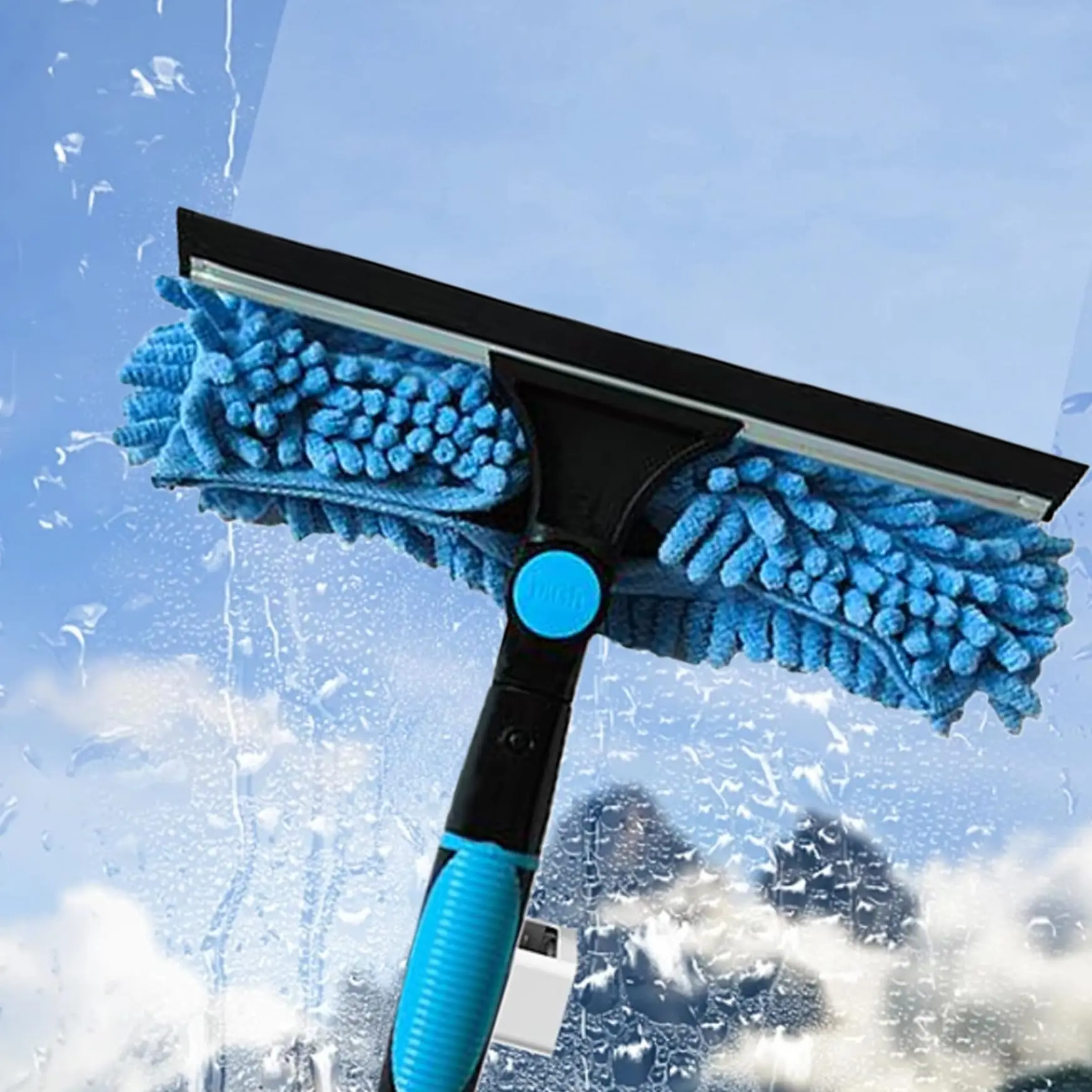 2-in-1 High Waist Window Cleaning with 10 Joint Extension Pole Stainless Steel Scraper and Squeegee Reusable Microfiber Cloth