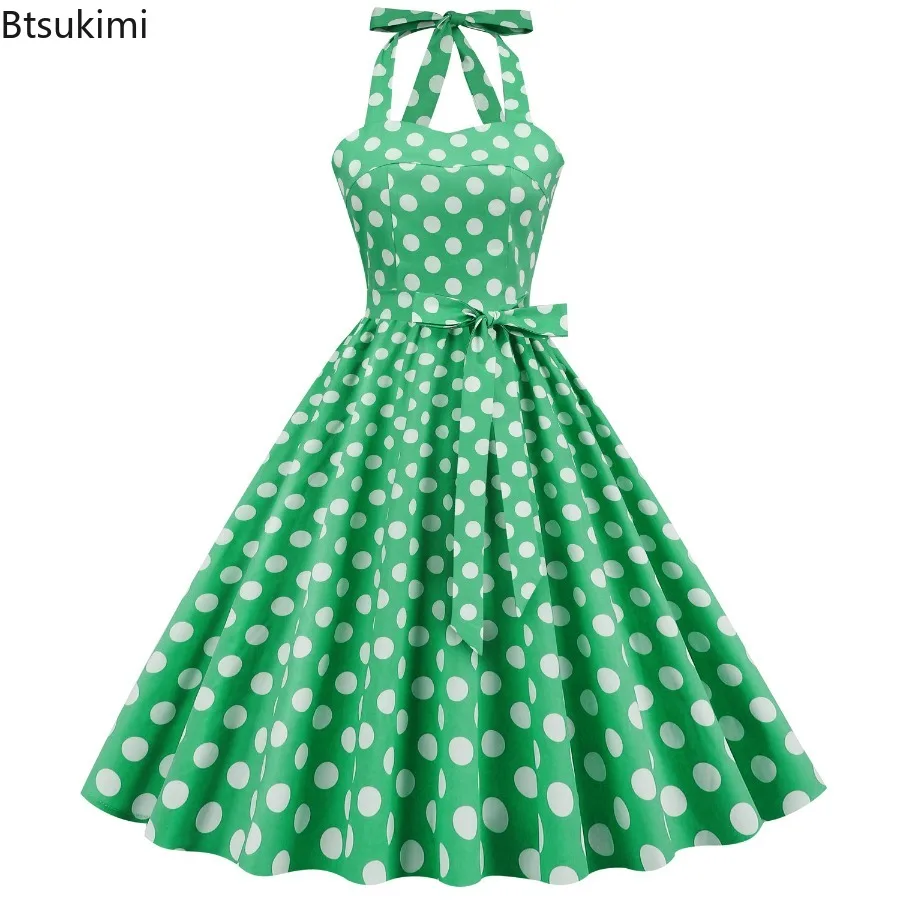

Women's Vintage Polka Dot A-Line Long Dress Halter Lace Up Backless High Waist Party Dress Sleeveless Cocktail Formal Dress Lady