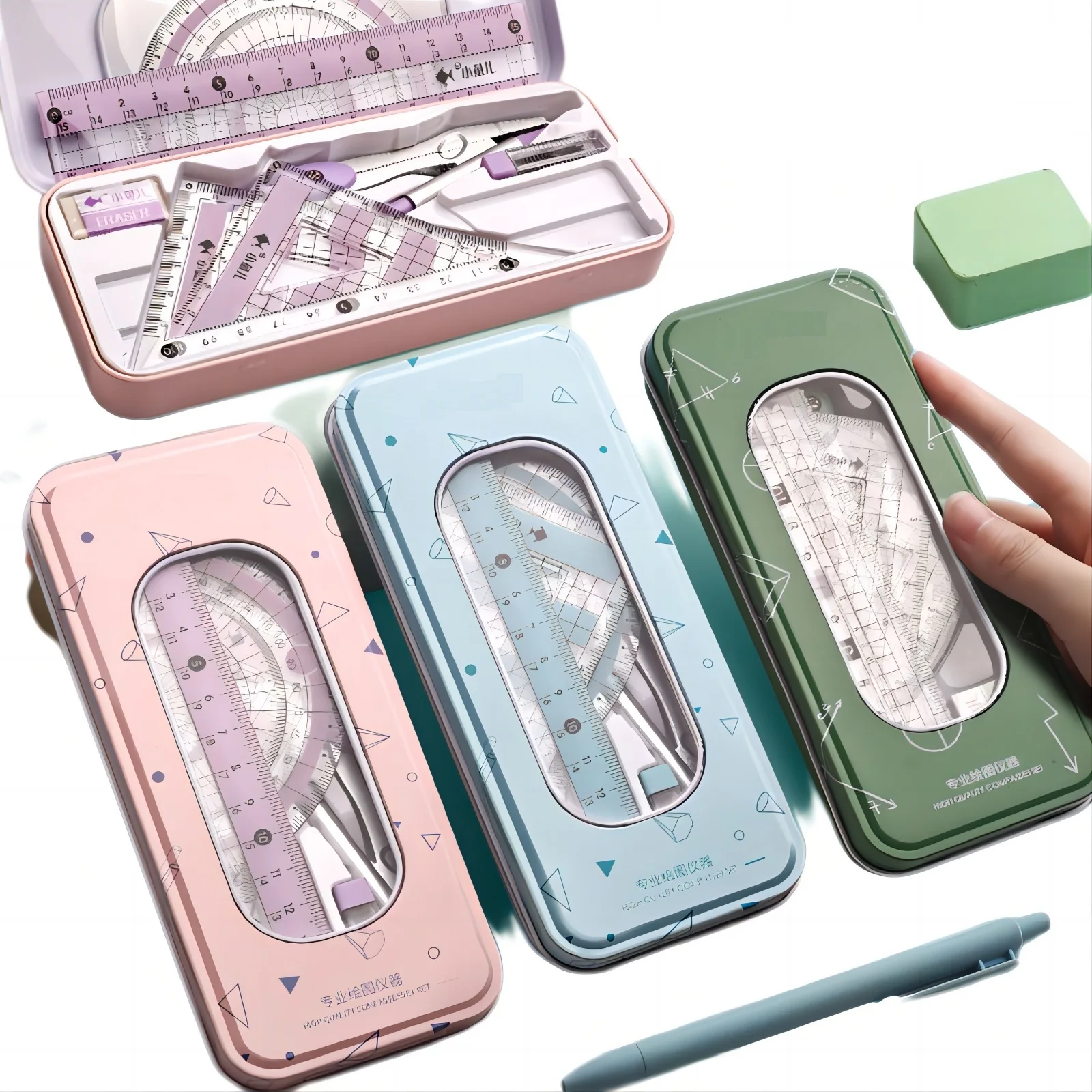 

8Pcs Compass Pencil Rubber Pencil Sharpener Ruler Set Student Stationery Geometric Mathematics Drawing Tools School Supplies