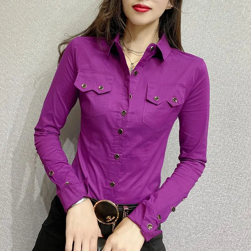 Office Lady Slim Solid Color Blouse Fashion Pockets Spliced Spring Autumn Chic Single-breasted Women\'s Clothing Polo-Neck Shirt