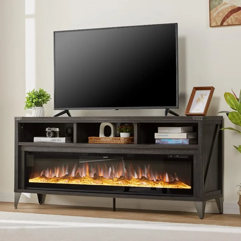 

65" Fireplace TVStand with 60"Glass Electric Fireplace, Industrial&Farmhouse Media Entertainment Center with Open Shelve Storage