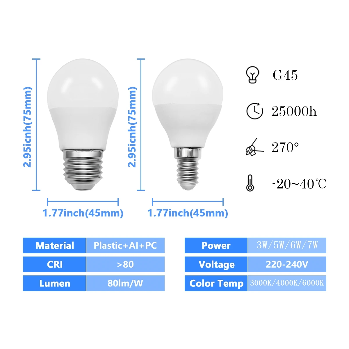 Ampoule de golf LED pour la décoration de la maison, lampe, G45, 3W, 5W, 6W, 7W, E14, 220V, 3000K, 4000K, 6000K, 1-10 pièces