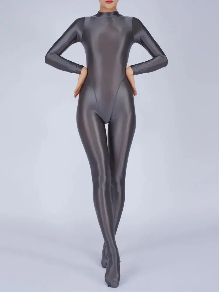 ครึ่งคอสูงกลับซิป Catsuit Glossy เงา Bodystocking High Cut Patchwork บอดี้สูทเซ็กซี่ Leotard Conjoined Jumpsuit